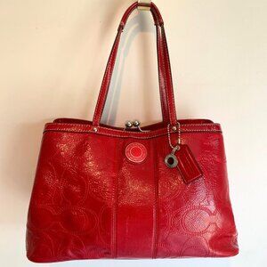 COACH RED PATENT LEATHER KISSLOCK CARRYALL SHOULDER BAG